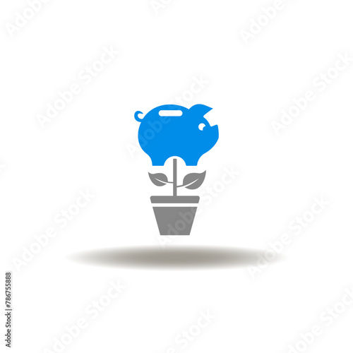Vector illustration of pot with grow plant and piggy bank. Icon of profits. Symbol of financial investments. Sign of retirement.