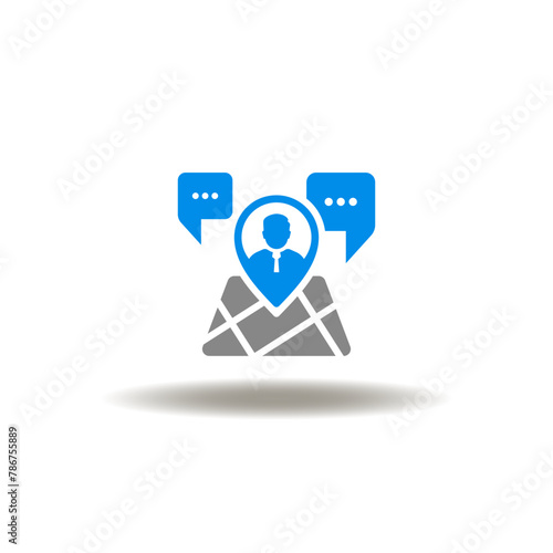 Vector illustration of map location pointer and business man or field worker with speech bubbles. Icon of FSM Field Service Management. Symbol of remote online consulting. © wladimir1804
