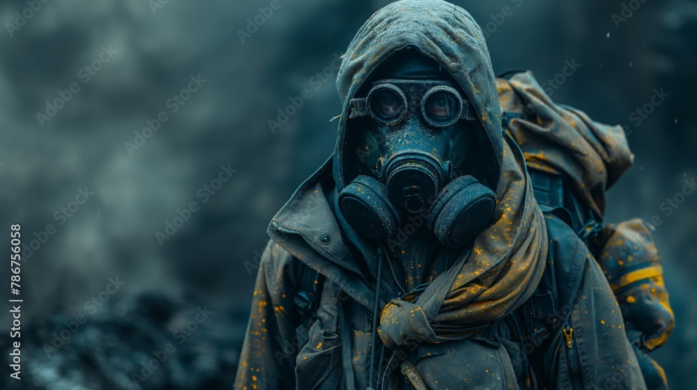 A figure in protective clothing confronts a hazardous environment, hinting at danger A figure in protective clothing confronts a hazardous environment, hinting at danger