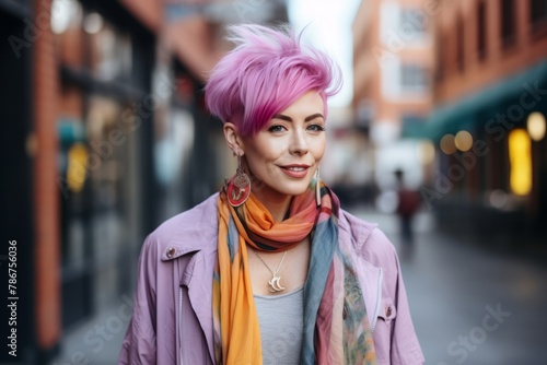 Portrait of a beautiful young woman with pink hair on the street