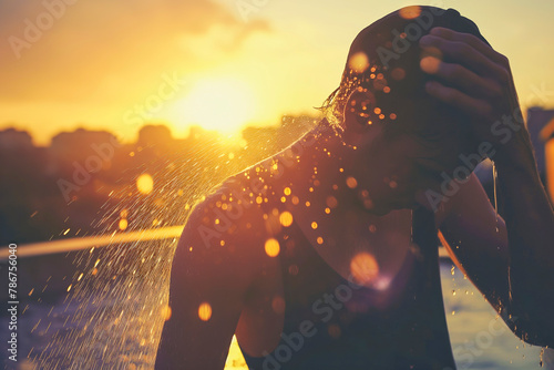 Heat exhausted young man cooling with splashes of water in fountain in extreme heat, heatwave photo