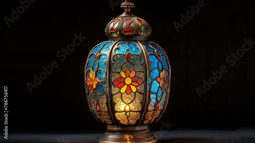 Lantern in the dark, single ornately decorated Moroccan lamp with colorful glass panels