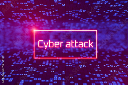 Digital security concept. Cyber attack with warning. Cyber attack warning sign on virtual digital screen. 3D render.