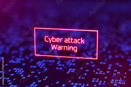 Cyber attack warning sign on virtual digital screen. Digital security concept. Cyber attack with warning. 3D render.
