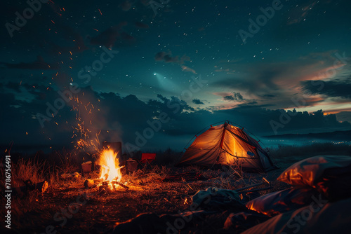 camp fire at open field next to a tent