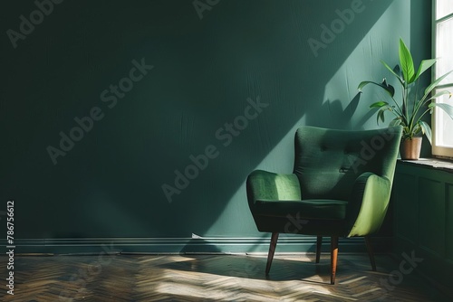 green armchair in empty living room with dark green walls interior design