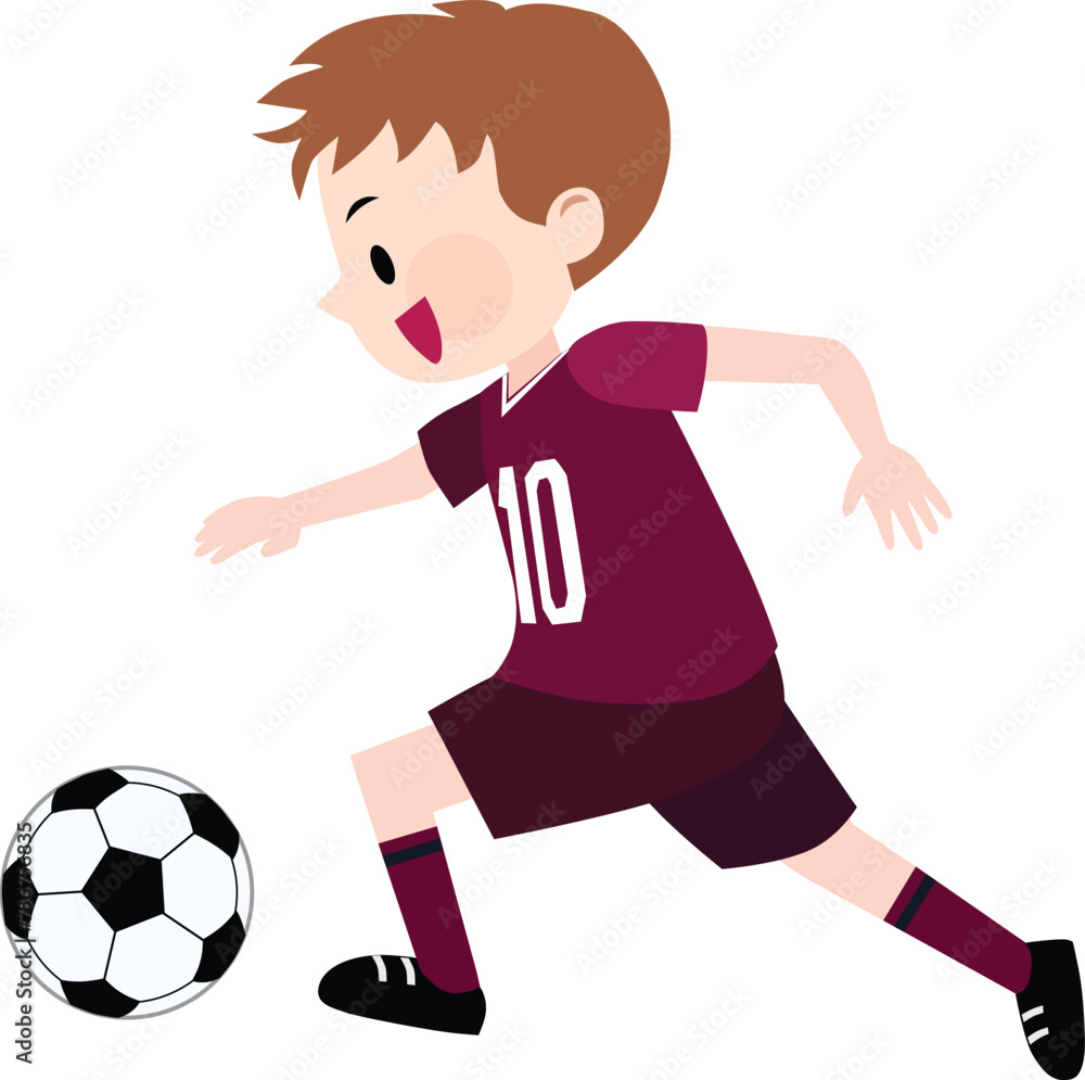 Illustration of a boy wearing wine red jerseys kicking a soccer ball. Vector Illustration.