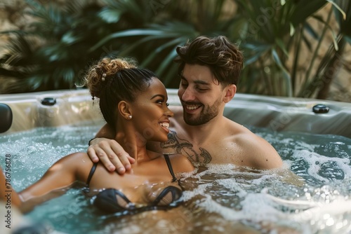 happy interracial couple enjoying romantic moment in spa hot tub lifestyle photography © Lucija
