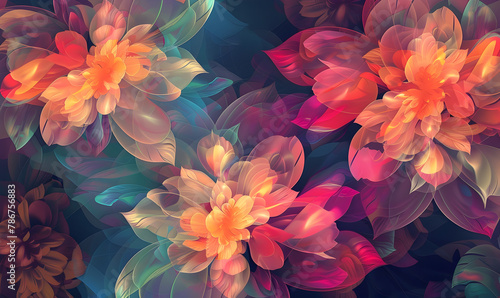 Multicolor neon light drawing, abstract shape flowers blossom closeup background leaf bloom plant nature flower beautiful spring floral Rainbow Enlightenment subject of landscape painting.