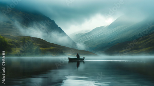 a man on a boat in the center of lake with misty mountains with moody teel photo