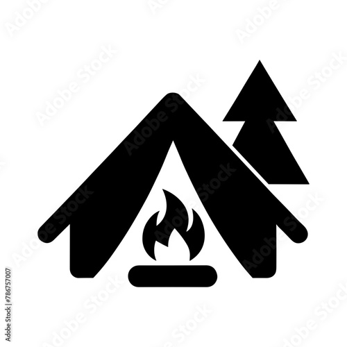 "Camping Icon: Showcases A Tent And A Small Fire Nestled Among Trees, Highlighting The Serenity And Adventure Of Forest Camping."