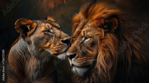 Lion and lioness on a dark background. Close-up. © Katsiaryna