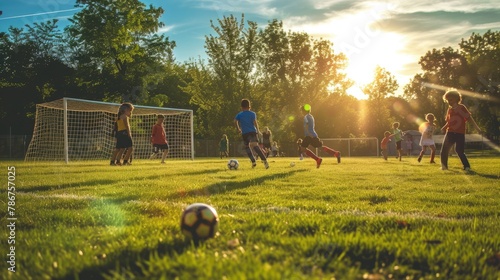 A group of players are enjoying a game of soccer on a grassfield under the blue sky, surrounded by trees and lush green landscape. AIG41 photo