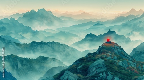 Mountain landscape with a single candle atop a peak for themes of adventure & exploration, mediation and mindfulness background