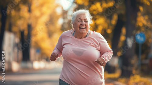 overweight, plus size old lady running, body positive concept, age positive, health conscious obese senior woman doing exercise