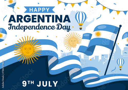 Happy Argentina Independence Day Vector Illustration on 9Th of july with Waving Flag and Ribbon in Flat Cartoon Celebration Background Design