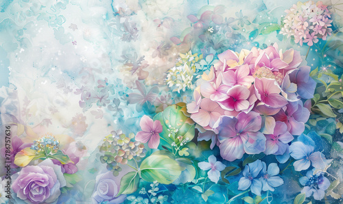 A pastel watercolor background of rose, hydrangea, Erder, big flower Whelan, lycoris and full of stars photo