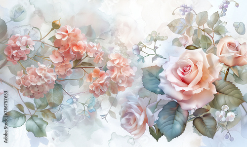 A pastel watercolor background of rose, hydrangea, Erder, big flower Whelan, lycoris and full of stars photo