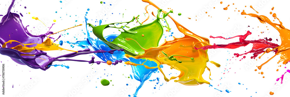 Dynamic paint splashes creating a colorful abstract mess on transparent background.