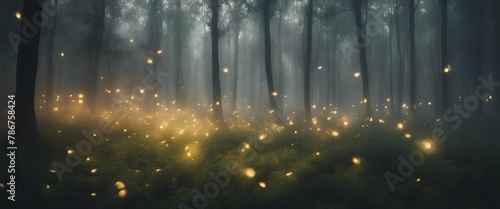 capturing swirling fireflies illuminating a dense fog in a forest photo