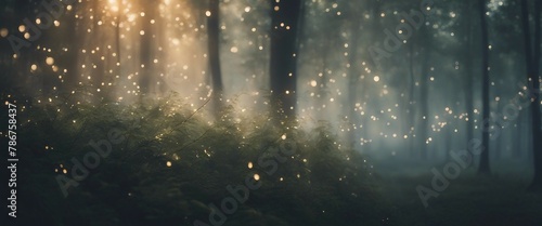 capturing swirling fireflies illuminating a dense fog in a forest