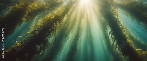 A photograph of sunlight filtering through a kelp forest