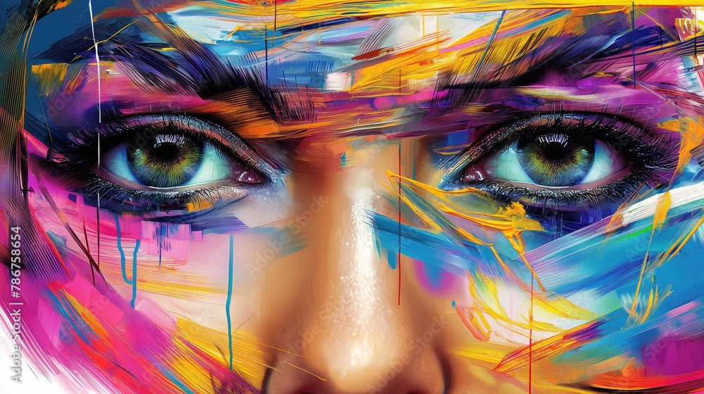 Woman face with abstract colorful painting. Digital art painting. 3D rendering.