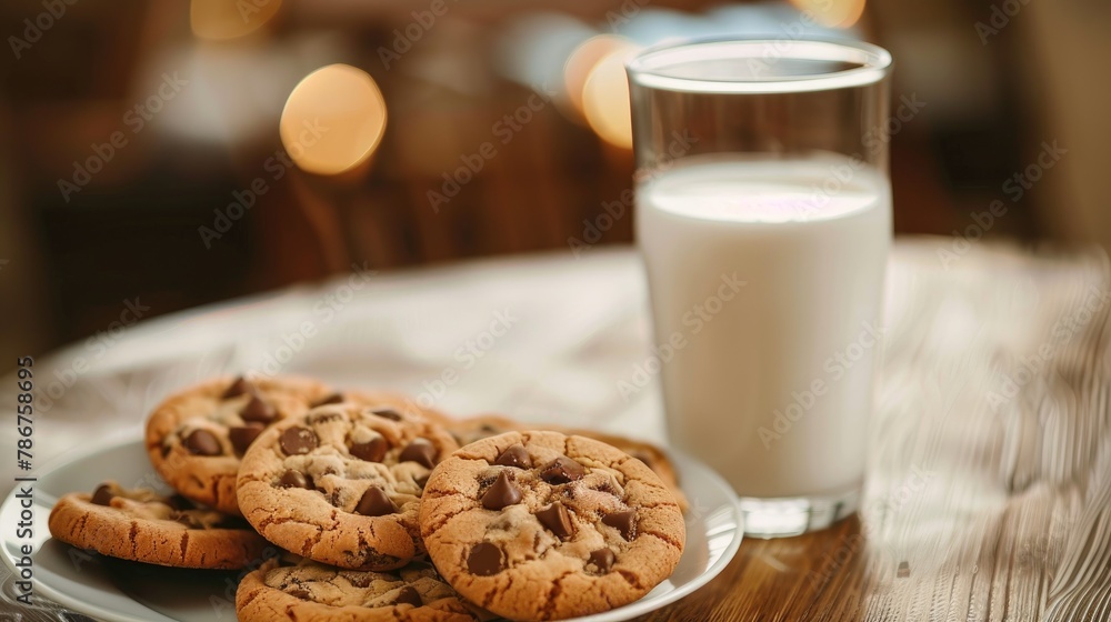 Plate of freshly baked cookies and glass of milk on wooden table Plate of freshly baked cookies and glass of milk on wooden table