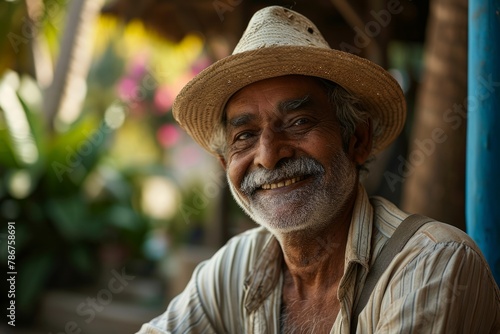 Portrait of an old Indian man in a straw hat and shirt