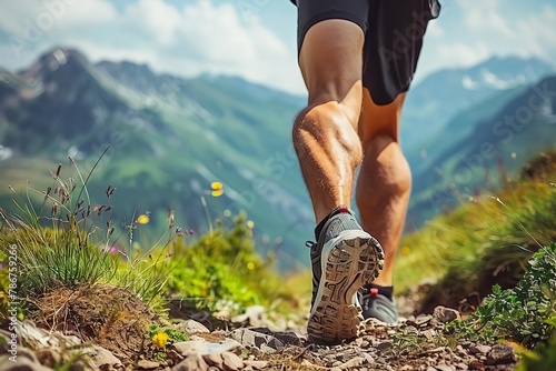 man trail running in mountains closeup of legs and shoes active lifestyle