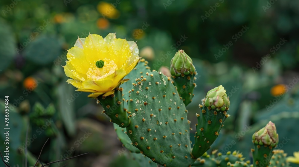 Prickly pear with drooping growth in a garden with buds and a yellow flower OPUNTIA MONACANTHA Prickly pear with drooping growth in a garden with buds and a yellow flower OPUNTIA MONACANTHA