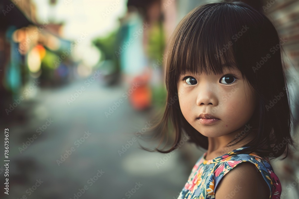 Cute asian little girl on the street in vintage color tone Cute asian little girl on the street in vintage color tone
