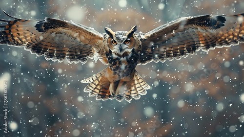 Flying Eurasian Eagle owl with open wings with snow flake in snowy forest during cold winter. Action wildlife scene from nature 