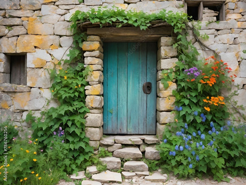old stone door and flower