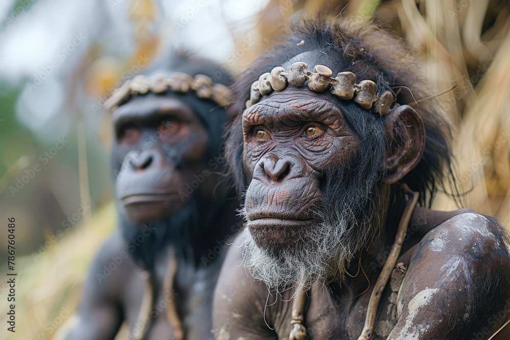 Realistic statues depict ancient humans analyzing a skull, invoking themes of wisdom and curiosity