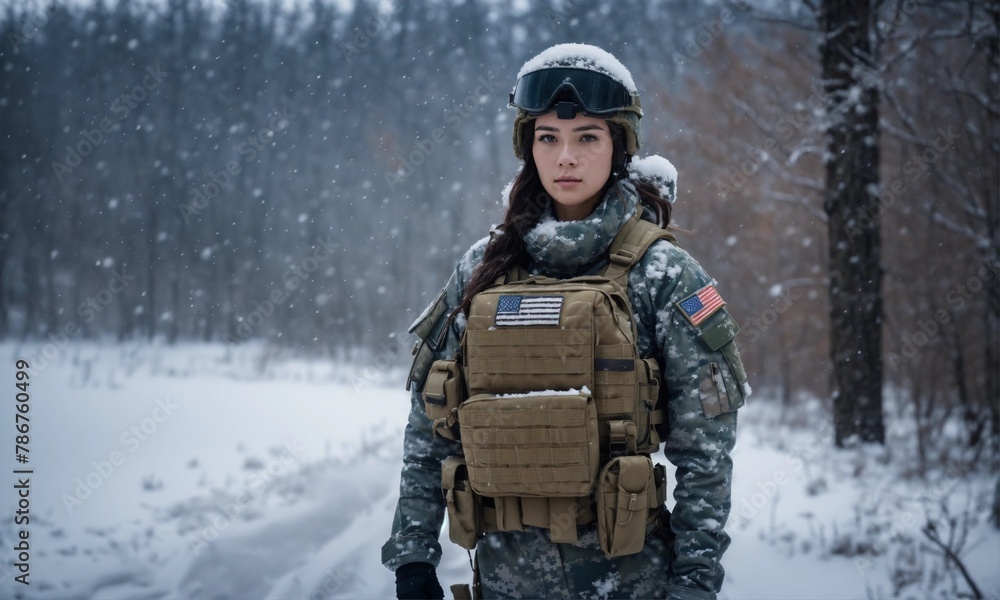 A beautiful brunette soldier girl wearing winter camo military gear