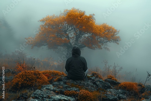 A solitary figure sits under a vibrant orange tree shrouded in mist, symbolizing peace and introspection