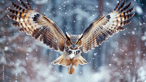 Flying Eurasian Eagle owl with open wings with snow flake in snowy forest during cold winter. Action wildlife scene from nature 