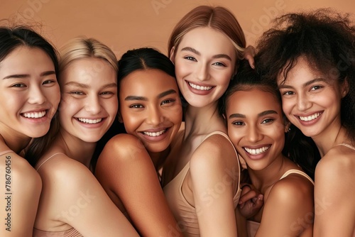 multiethnic group of smiling women with diverse skin tones beige background unity concept