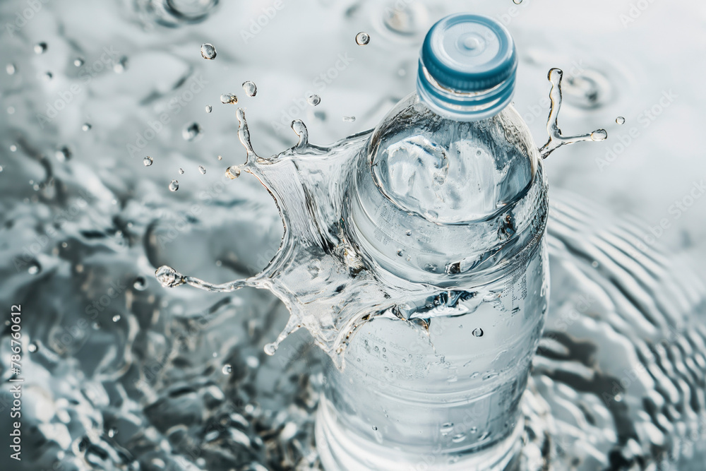 Small plastic water bottle falling in water splash background Small plastic water bottle falling in water splash background