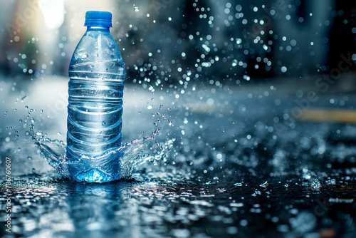 Small plastic water bottle falling in water splash background