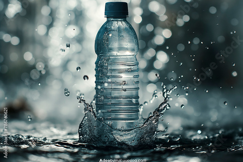 Small plastic water bottle falling in water splash background