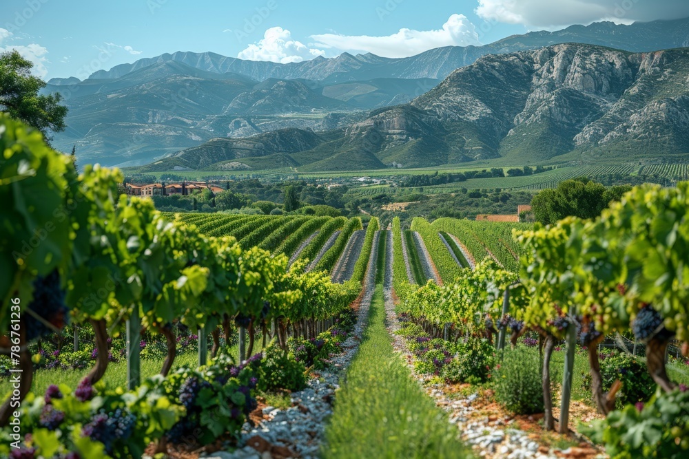 Fototapeta premium Beautiful green vineyard rows lead to distant mountains under a clear blue sky, showcasing agrarian beauty