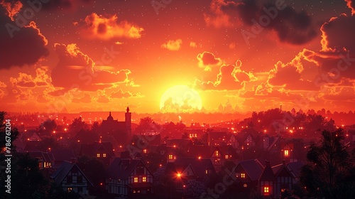 Vibrant 3D cartoon village at sunset  silhouettes of houses  orange sky background