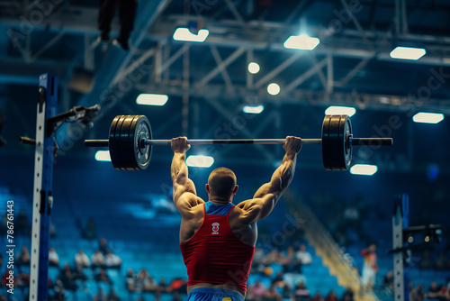 Weightlifter performing barbell raised high during competition in stadium with spotlight. 3D Animation cartoon. Practicing powerlifting. Workout exercises. Generative AI