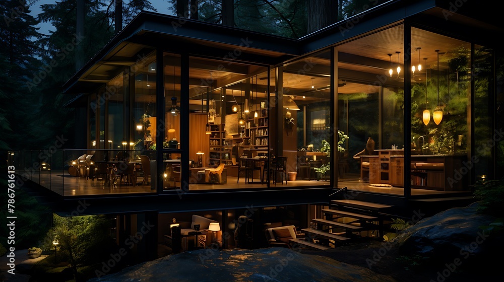 forest house with large windows at night  