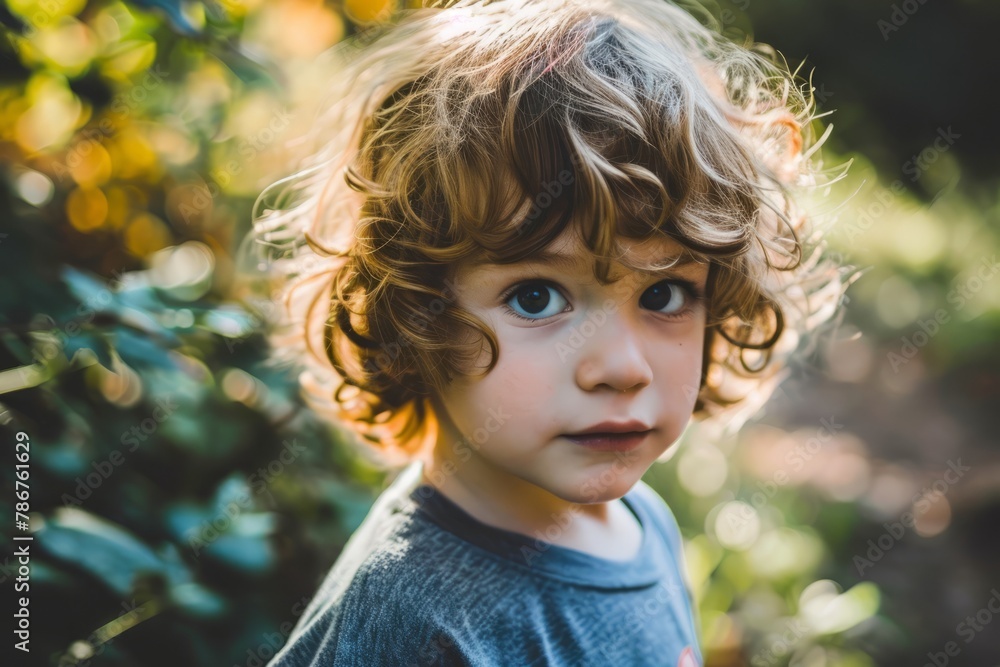 Portrait of a cute little boy with curly hair in the park Portrait of a cute little boy with curly hair in the park