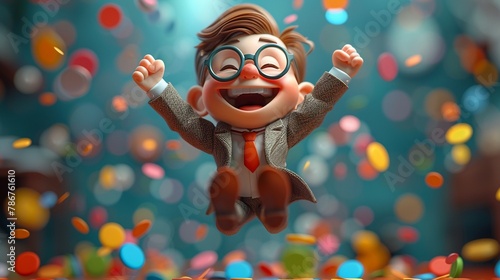 Energetic 3D cartoon business leader jumping with joy, success celebration, confetti background photo