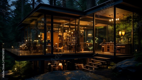 forest house with large windows at night 