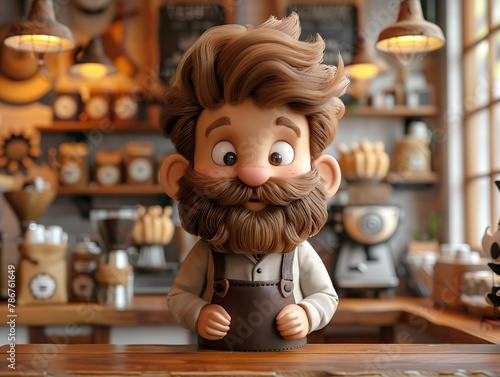 Happy 3D cartoon bearded man at a coffee shop, warm inviting background